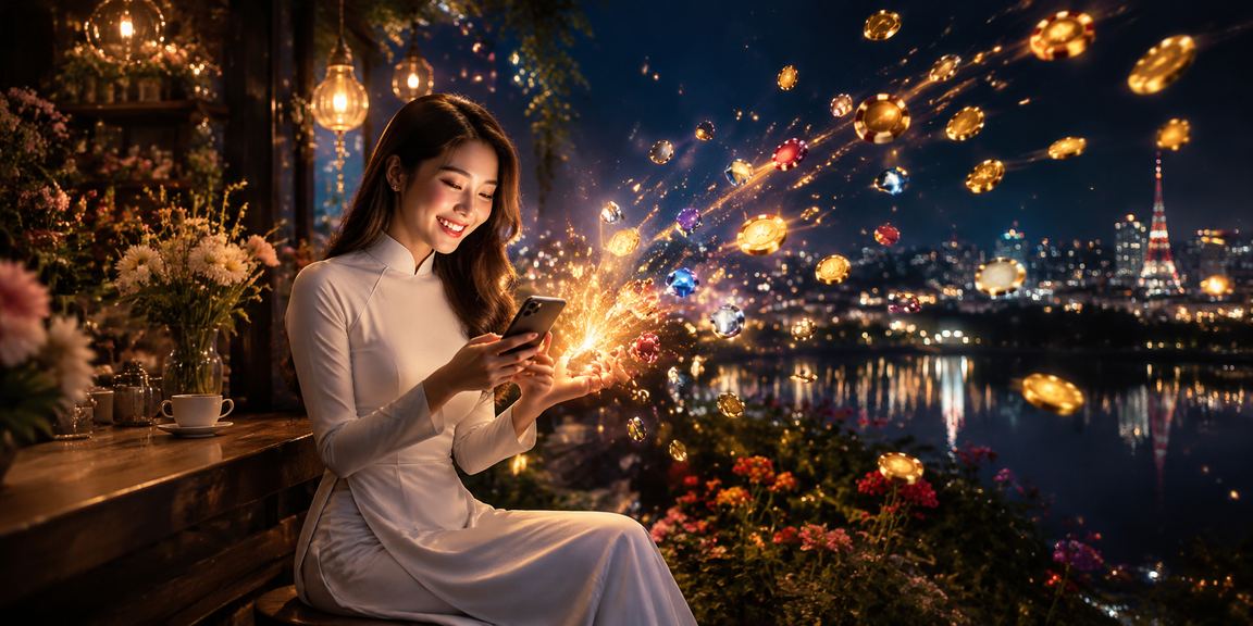 Thành viên nữ tại Đà Lạt mặc áo dài kiểm tra kết quả giải thưởng trên điện thoại di động